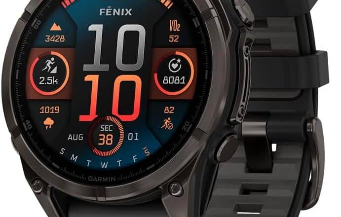 Garmin fnix 8 47 mm AMOLED Sapphire Premium Multisport GPS Smartwatch Long Lasting Battery Life Dive Rated Built in LED Flashlight Carbon Gray DLC Titanium with Pebble Gray Band