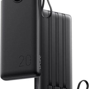 VRURC Portable Charger 20000mAh, Built-in Cable Fast Charging Power Bank, PD QC 3.0 Travel Essentials Battery Pack, 4 Output & 2 Input Phone Charger for iPhone,Samsung, Android-Black