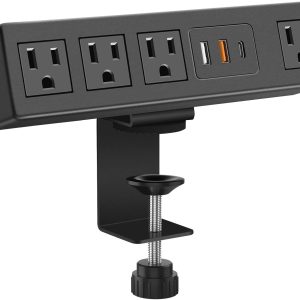 CCCEI Desk Clamp Power Strip with USB-A and USB-C Ports, Desktop Mount Surge Protector 1200J, Widely Spaced Desk Outlet Station, Fast Charging, 6 FT Flat Plug, Fit 1.9 inch Tabletop Edge. (Black)