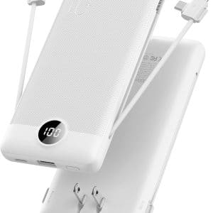 VRURC Portable Charger Built-in Cables and AC Wall Plug, USB C Power Bank 10000mAh, Travel Essentials Phone Charger Compact Lightweight External Battery Pack for Smart Phones, Tablets etc-White