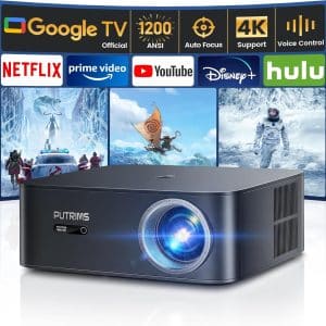 [1200 ANSI/Google TV/Voice Control]Smart Projector with WiFi 6 and Bluetooth, Netflix-Licensed 4K Support, Outdoor Movie Proyector, 1080P Home Ceiling Auto Focus Projector, PUTRIMS K12 Gray
