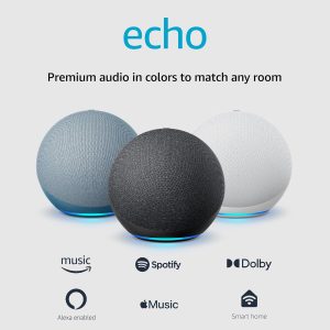 * Echo (newest model), Alexa speaker with premium sound, Ideal for large bedrooms, living rooms and kitchens, Charcoal
